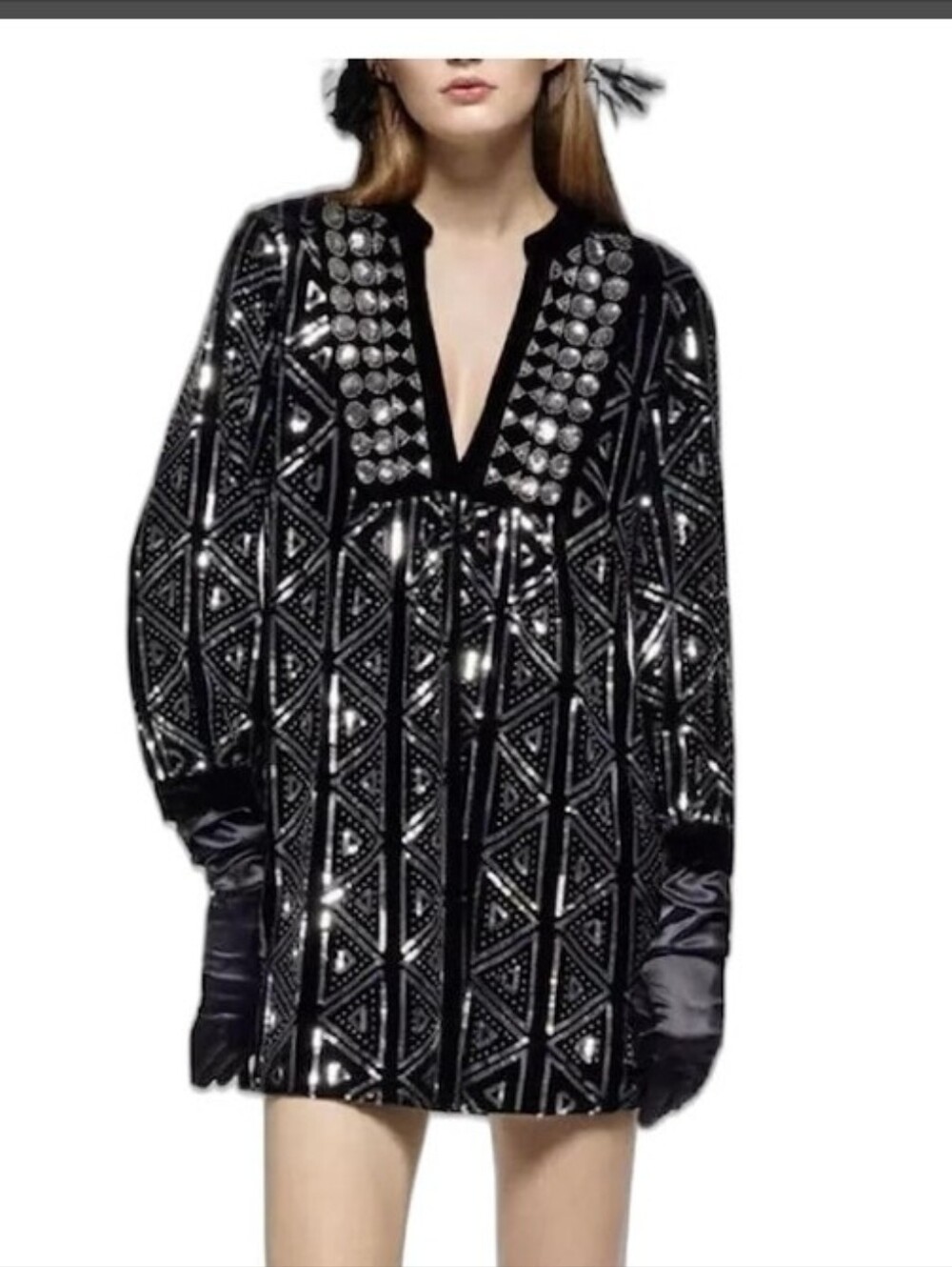 ZARA Black Sequined Velvet Dress/ Size Medium. Nwt